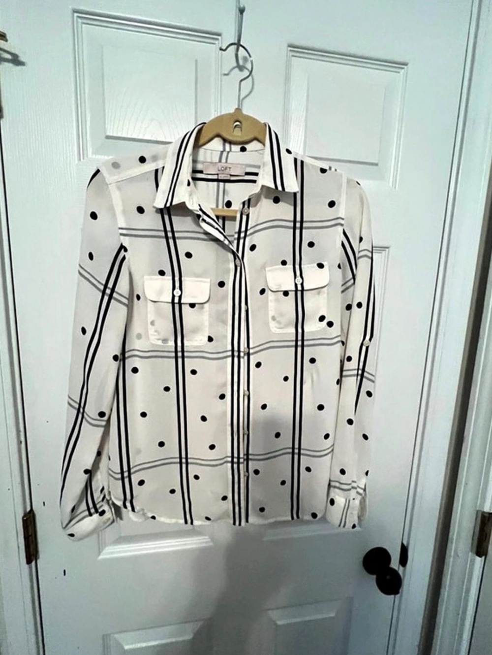 LOFT Mixed Print Polka Dot & Striped Button-Down Blouse